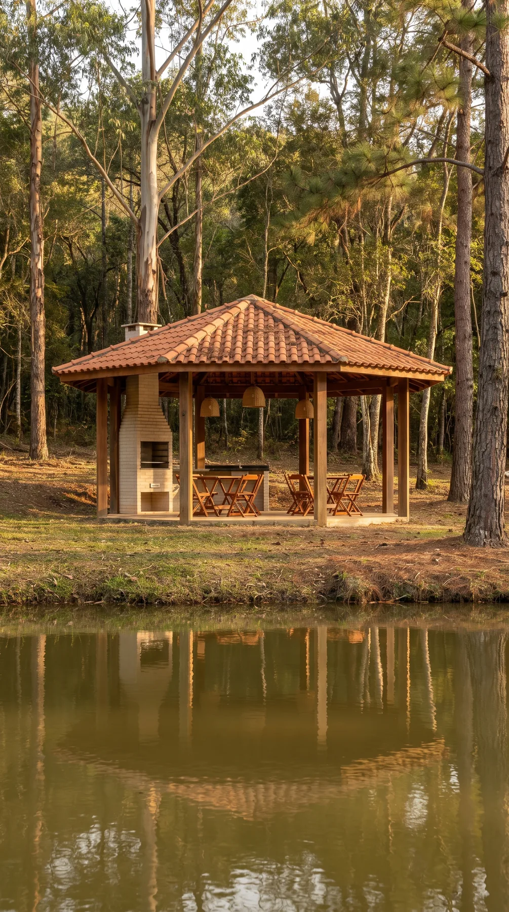 Quiosque junto ao lago e à mata